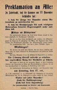 Affiche vu verschiddenen Oarbechter, Baueren a Beamteréit zur Ausruffe vun der Republik, den 18. November 1918. (Quell: Centre Jean Kill)